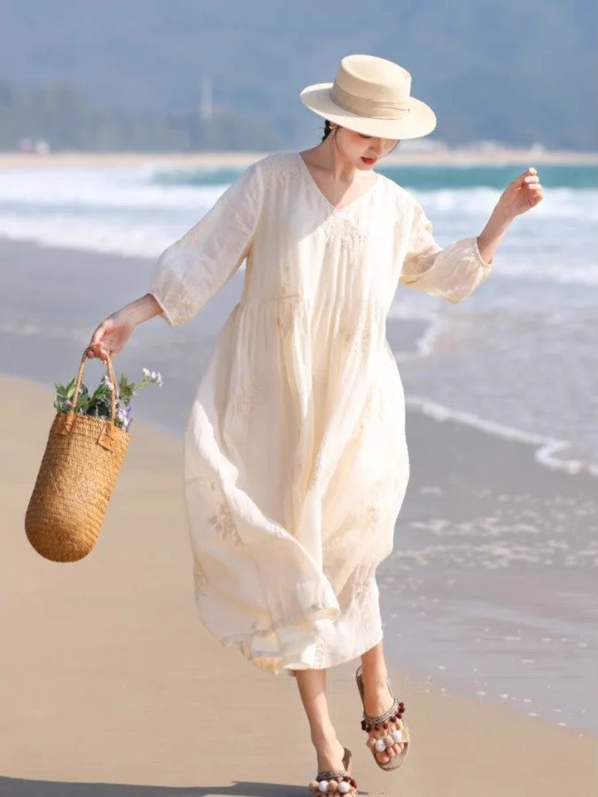 

Летнее платье с V-образным вырезом и вышивкой, пышная юбка-трапеция, праздничное платье для женщин, премиальная коллекция