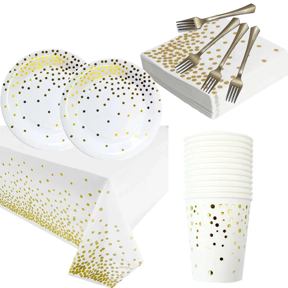 Gold Dot White Disposable Paper Cups Plates Napkins Set for Birthday Party Kids Baby Shower Wedding Party Supplies Decorations