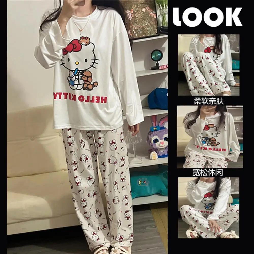 

Аниме «Hello Kitty», 2 шт., пижамный костюм Sanrio Kawaii, женские домашние милые штаны с длинными рукавами, осенняя повседневная одежда для сна с героями мультфильмов для девочек