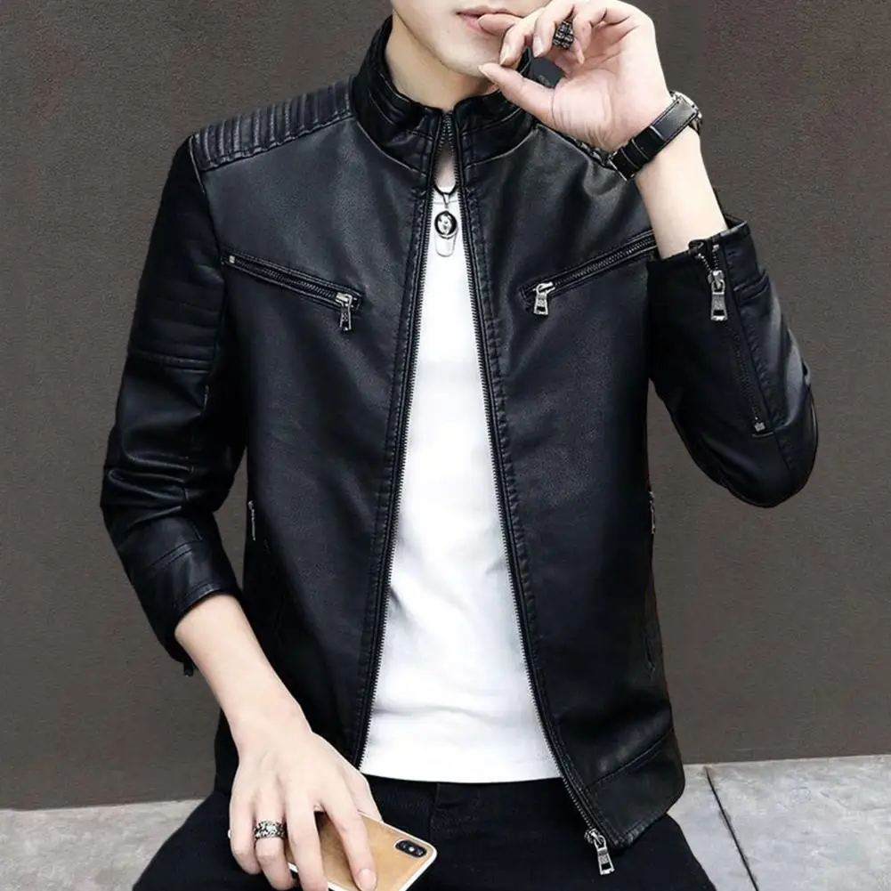 Mens Motorcycle Leather Jacket Slim Fit Short-Coat Lapel PU Jackets Autumn New Zipper Stand Windproof Leather Coat Mens Clothing