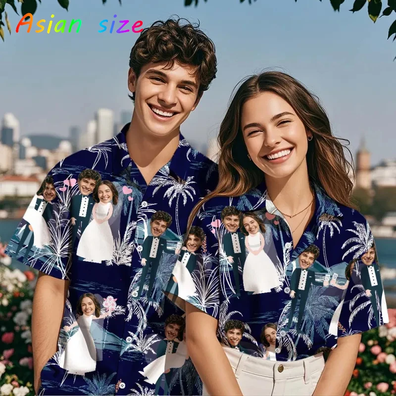 

Free Custom Photo Face Hawaiian Shirts Couple Clothing Coconut Tree Pattern Personalized Diy Face Husband And Wife Aloha Shirts