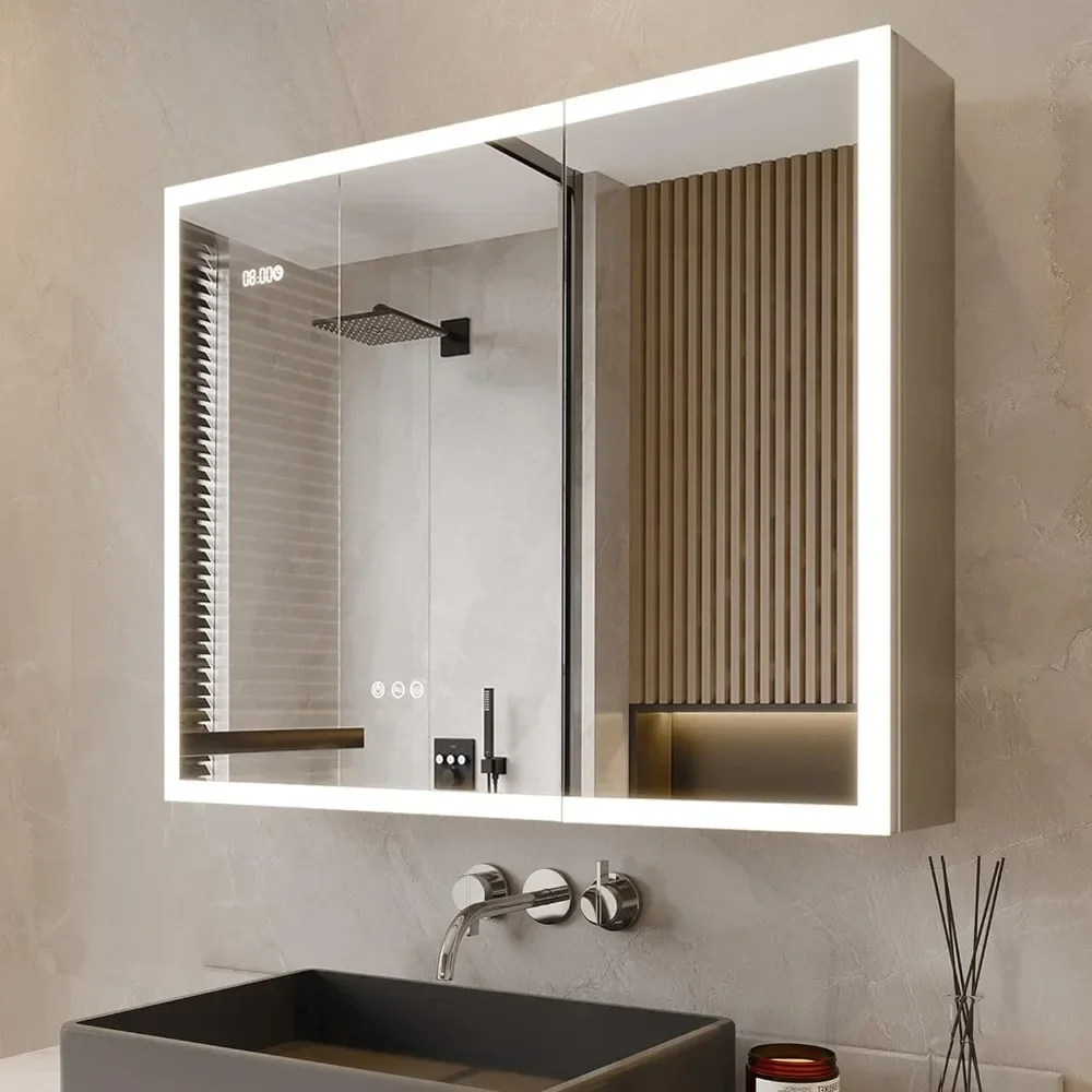 Mirror Cabinet with Lights, Cabinet with Mirror, 2 Door Bathroom Mirror Cabinet with 2 Outlets & USB Ports, Defogger, Dimmer