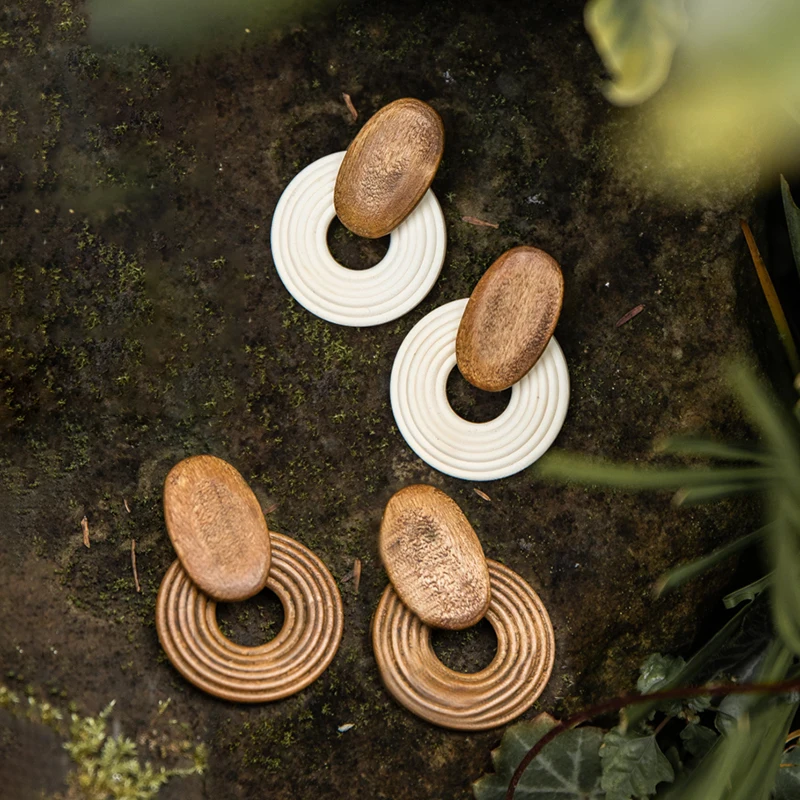 AENSOA Handmade Hollow Round Wooden Drop Earrings for Women Ethnic Brown Color Geometric Pendientes Earrings Unique Jewelry 2022