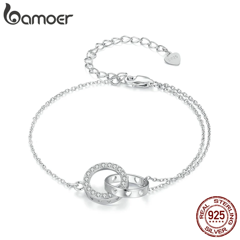 Bamoer 925 Sterling Silver Double Circle Bracelet Eternity Adjustable Chain Link Platinum Plated for Women Valentine's Day Gift