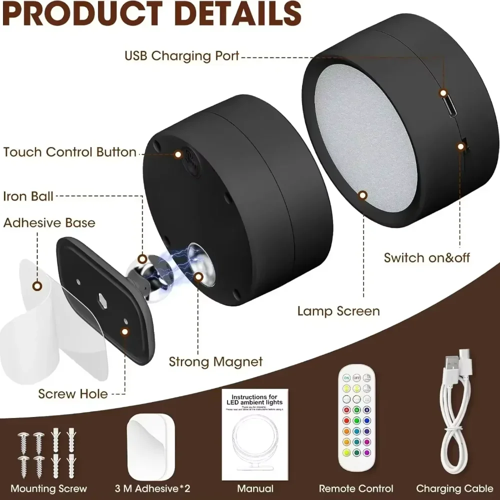 โคมไฟติดผนัง LED แบบชาร์จไฟได้ไร้สายหรี่แสงได้พร้อมรีโมท, โคมไฟติดผนังแบบแม่เหล็กหมุนได้สำหรับห้องนอน โถงทางเดิน โคมไฟอ่านหนังสือ ไฟกลางคืน