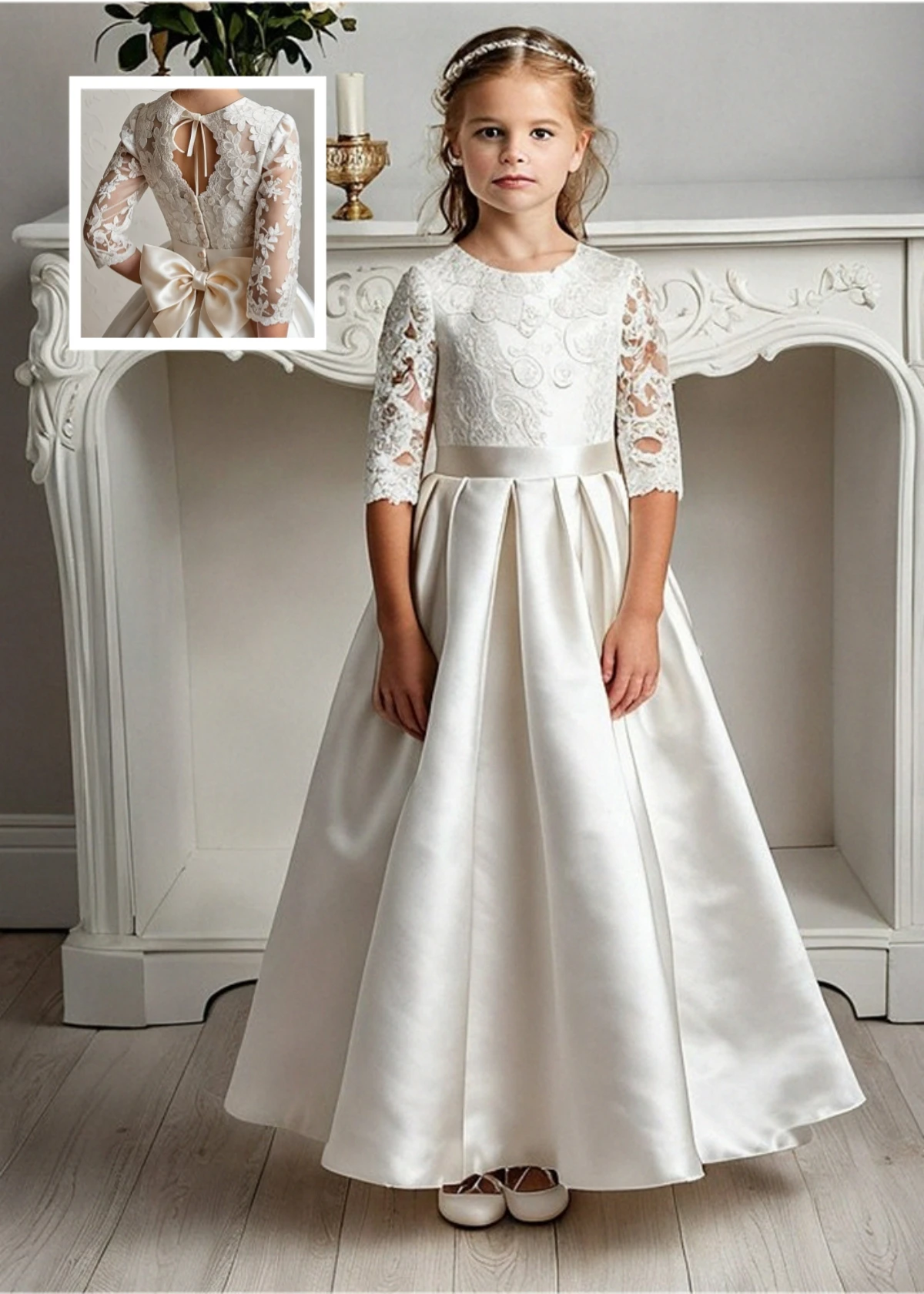 Lovely Flower Girl Dress Customised Satin First Communion Gowns with Guipure Lace Printing and Bow Kids Birthday Party Dresses