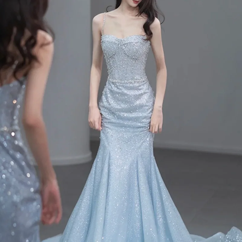 Vestido de noite rabo de peixe, modelo de alta qualidade, passarela, estudante, exame de arte, brinde, noiva, super fada, azul, alça francesa