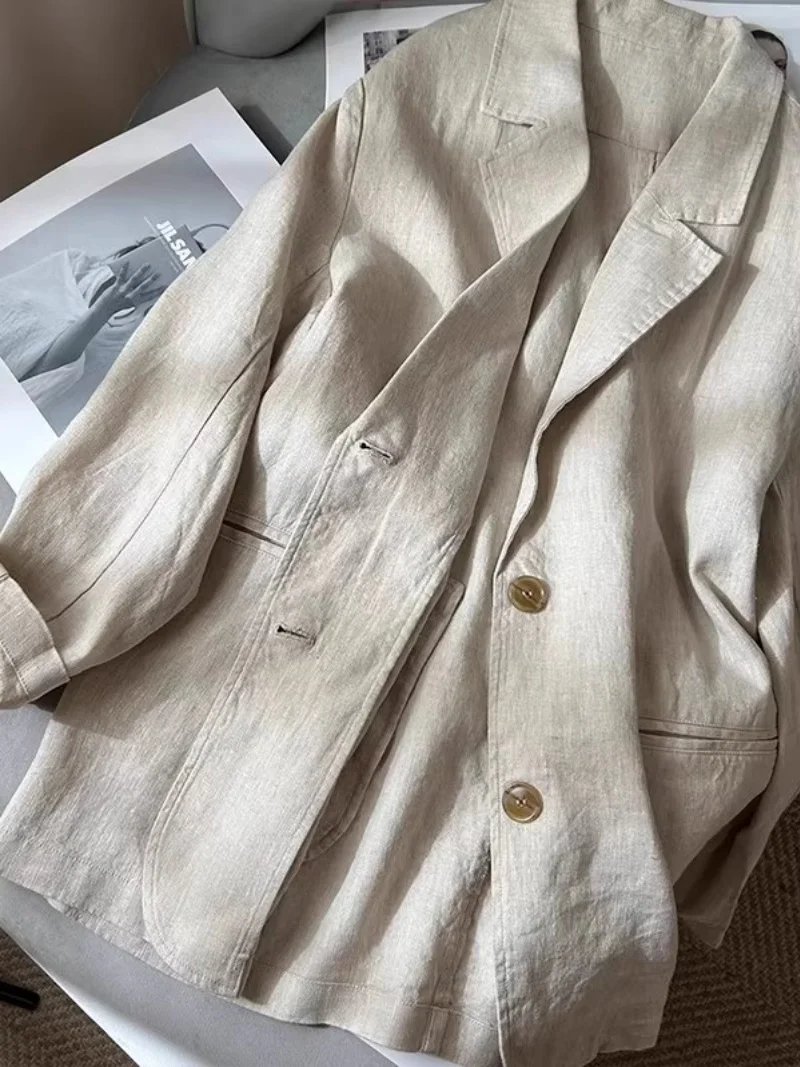 

French Retro Linen Sun Protection Lightweight Blazer Women's 2025 Autumn New Loose Fit Casual Top w1064