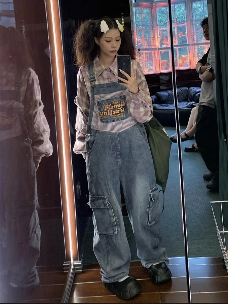 New Cartoon Print Denim Jumpsuits Women Y2K Baggy Overalls Female Vintage Loose Straight Wide-leg Jumpsuit Outfit Woman