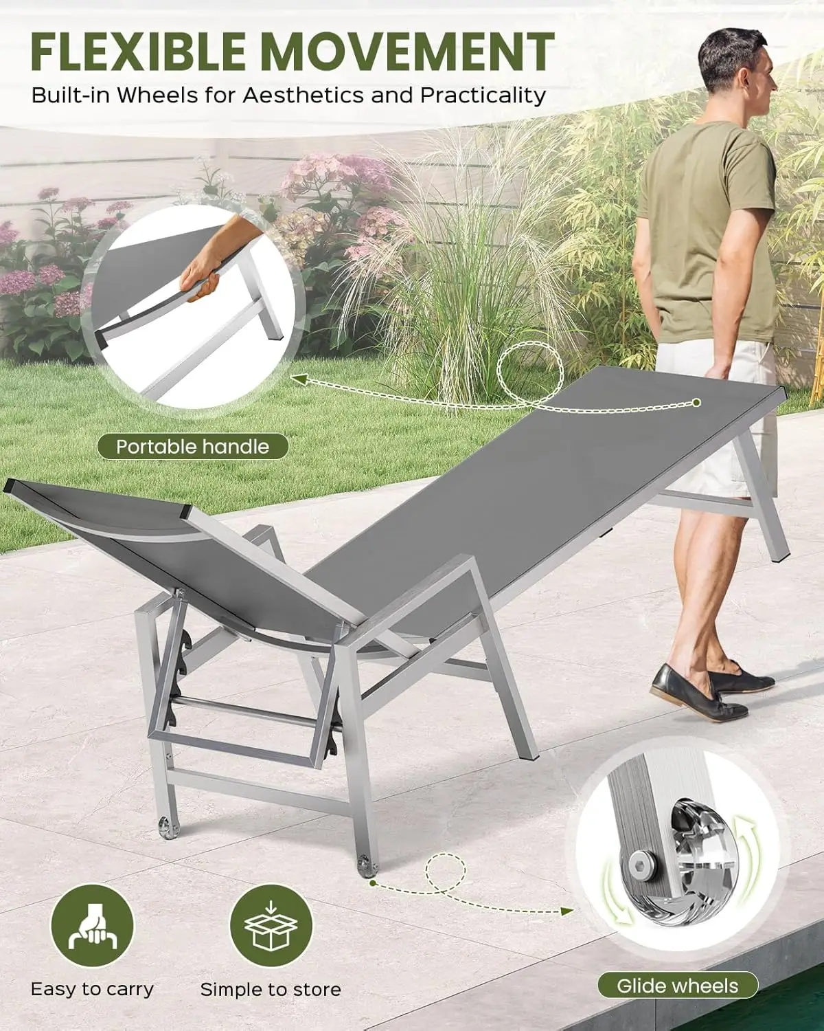 طقم صالة تشيس للفناء الخارجي مكون من قطعتين مع عجلات، كرسي قابل للتعديل، مساند للذراعين، رمادي داكن #5