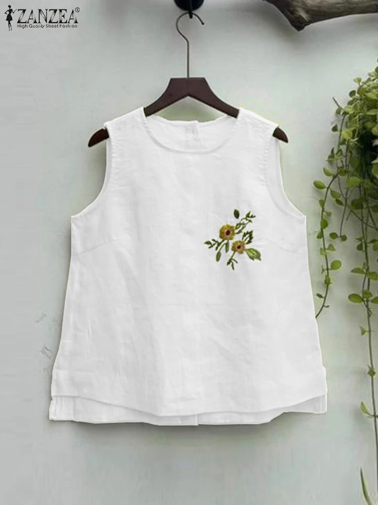 ZANZEA Summer Sleeveless Tanks Tops Elegant Floral Camis Women Vinatge Holdiay Beach Blouse Casual Loose Cotton Shirt Oversize