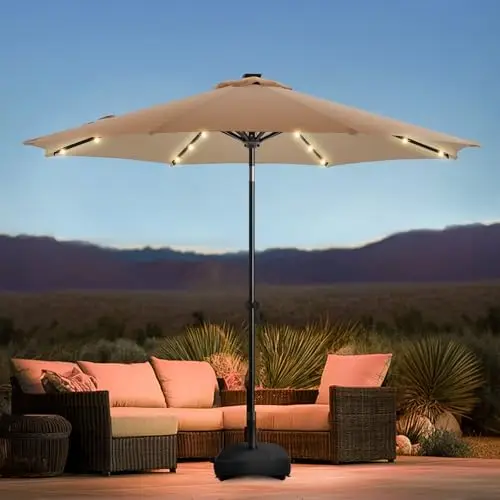 9FT Solar Led Patio Umbrella with Base Included, 32 LED Lights, 8 Sturdy Ribs, Fade Resistant Waterproof POLYESTER DTY