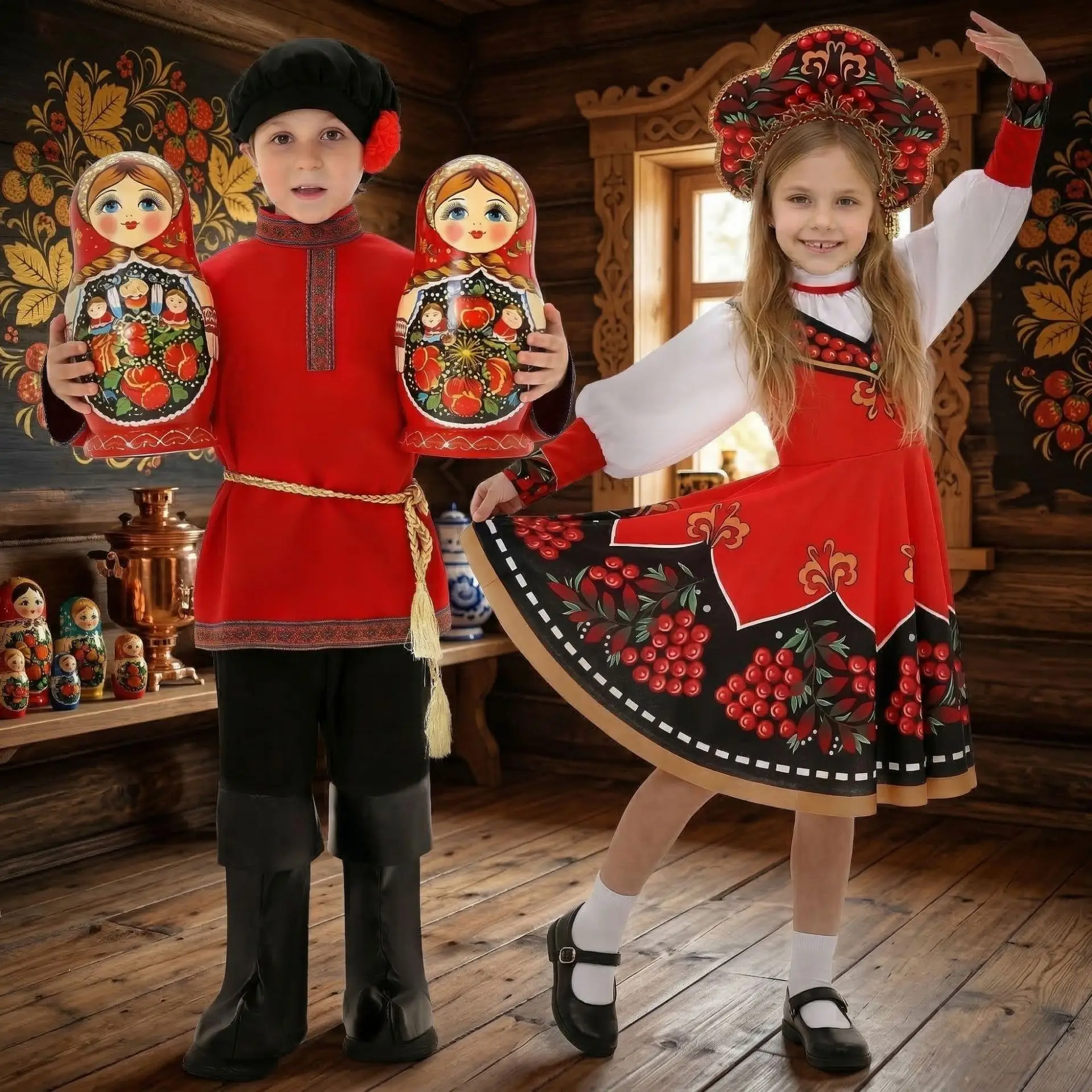 

Russian Traditional National Cosplay Costume Girls Folk Dance Dress Carnival Party Masquerade Stage Performance Boys Clothing