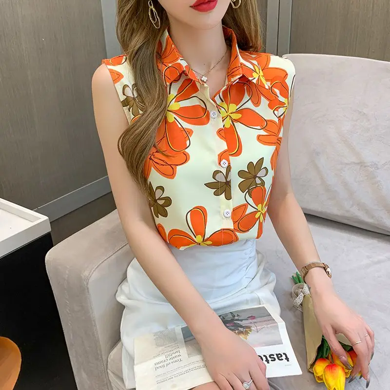 Summer Women Clothing Sleeveless Printed Chiffon Shorts Turn-down Collar Women Blouse Tops