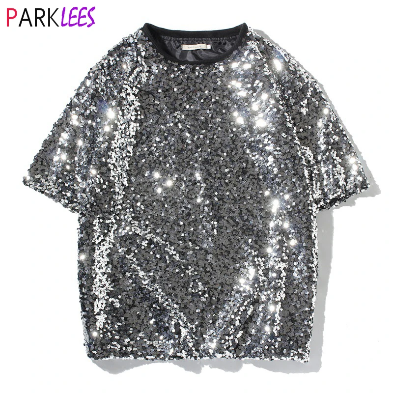 Mens Shiny Silver Sequin Tshirt 70s Disco Costume Sparkle Party Short Sleeve T-shirt Men Giltter Round Neck Streetwear Camiseta