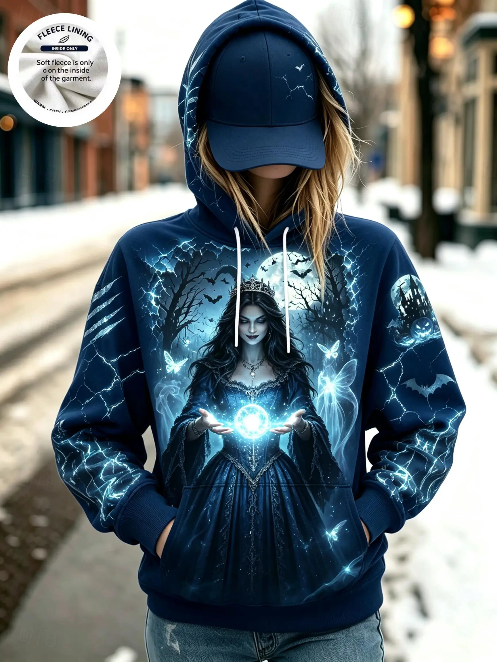 Women Fleece Lined Hoodie Halloween Witch Magic Book Pumpkin Bat Moon Print Pullover Sweatshirt