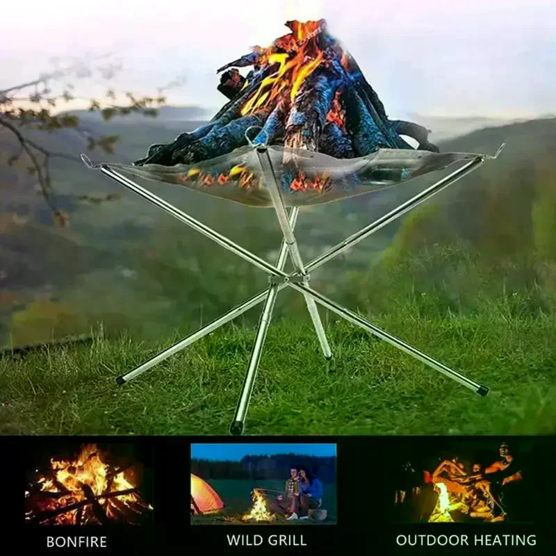 

Portable Outdoor Fire Pit Collapsing Steel Mesh Fire Stand Stove Wood Heater Camping Supplies Backyard Garden With Carrying Bag
