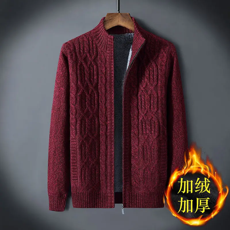 الشتاء الصوف مبطن سميكة الرجال سترة معطف فضفاض حجم كبير نصف الياقة المدورة محبوك سترة دافئة مضفر الرجعية سترة #4