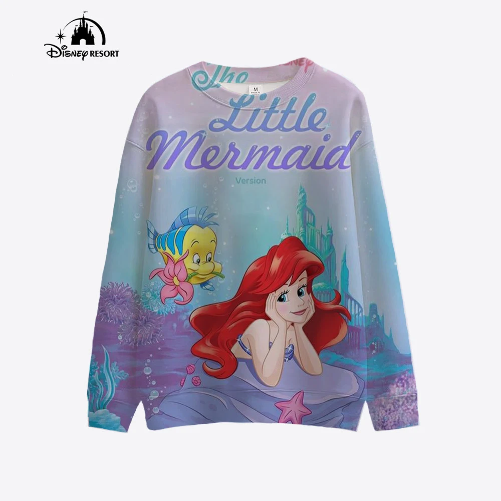 2024 Fall New Women\'s Fashion Casual Sweatshirt Disney Mermaid Princess Print Crew Neck Long Sleeve Ladies Pullover