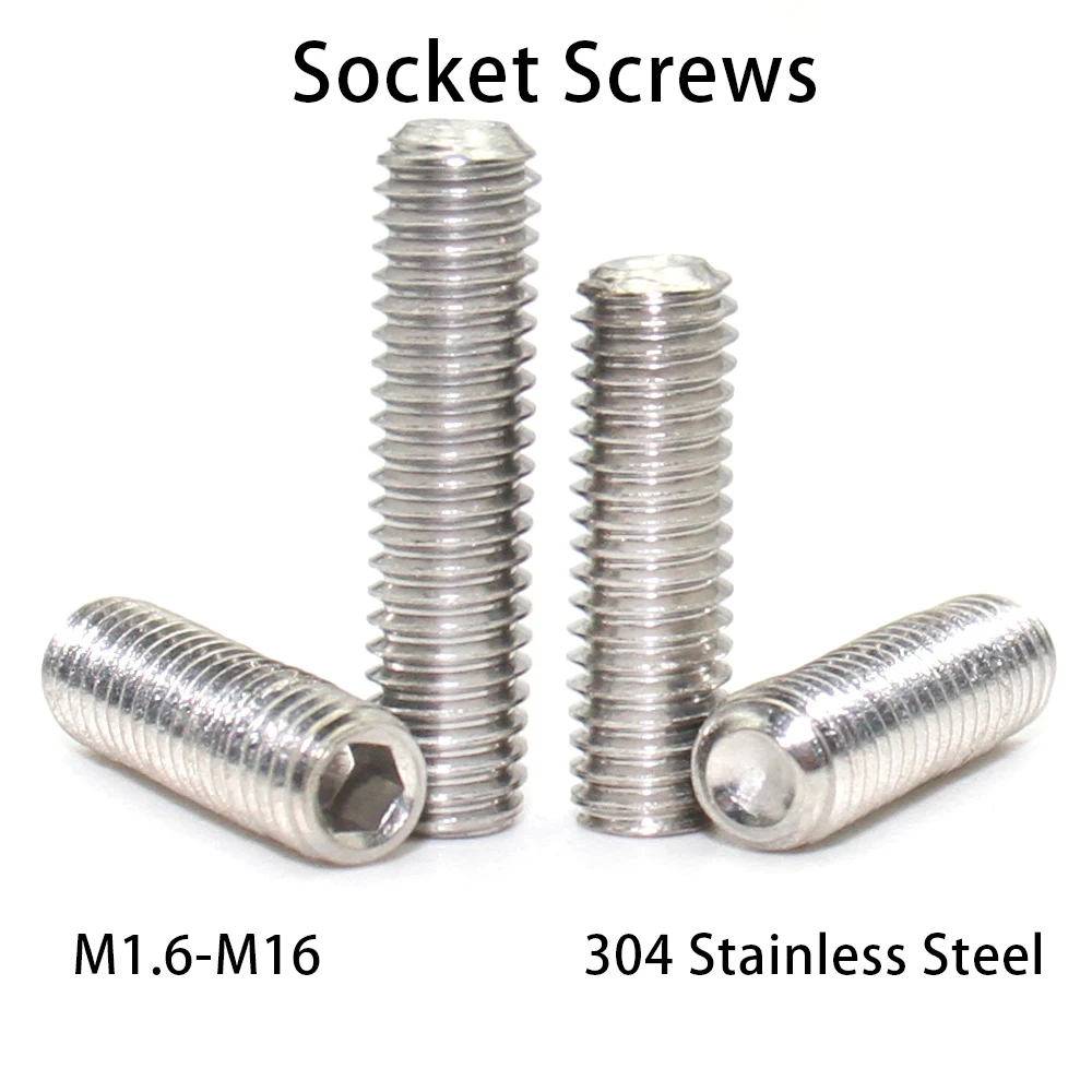 

30-1pcs M1.6 M2 M2.5 M3 M4 M5 M6 M8 M10 M12 M14 M16 Hexagon Hex Socket Set Screw Flat Point Allen HeadStainless Steel Headless