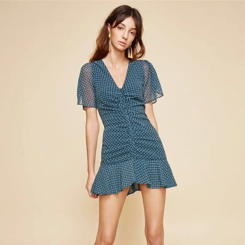 Spring Summer New V-ne Printed Long Sve Chiffon Dr High Waist Flounce Hem Wrap Sle Women's Casual Faion Dr