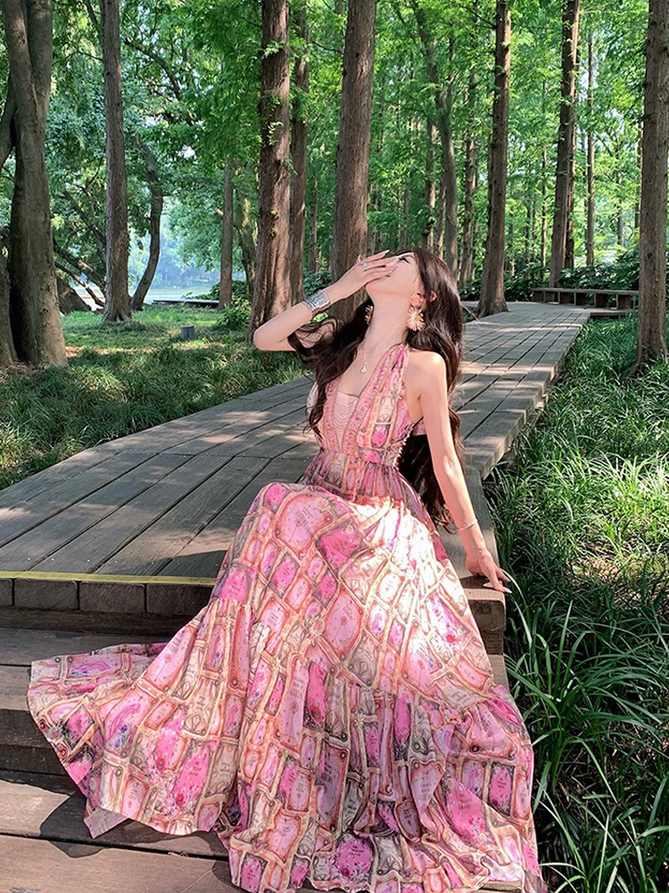 프랑스 스타일 우아한 연회 긴 드레스 섹시한 홀터넥 백리스 꽃 프린트 드레스 여름 해변 휴가 민소매 슬림 롱 드레스