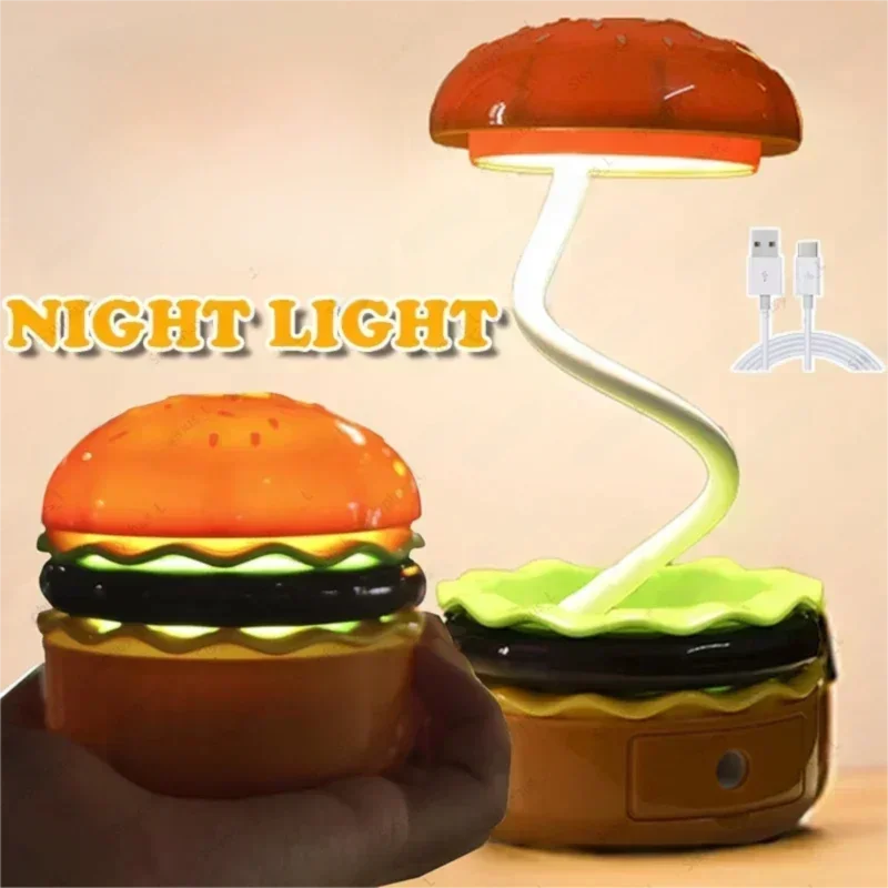 LED Hamburger Night Light, Bedside Lamp, Eye-Protection Reading Lamp, Ambient Light, DIY Bedroom Decor, Children’s Gift with Pen