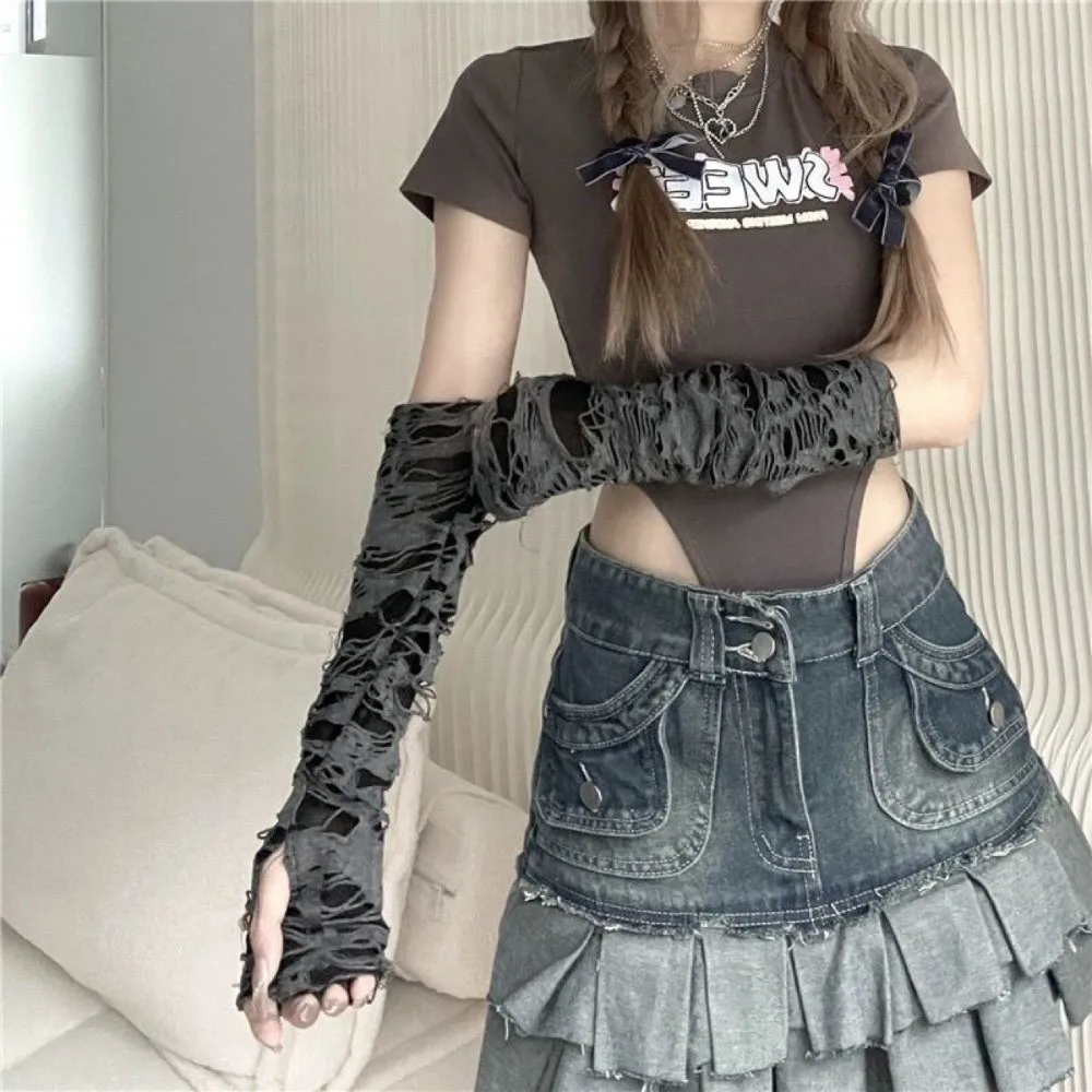 

Punk Long Punk Gloves Dark Style Distressed Style Fingerless Arm Warmers Lightweight Desert Wind Hollow Out Arm Sleeves Women