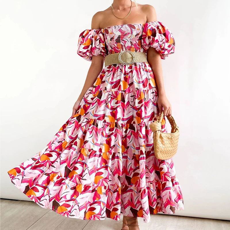 เดรสพิมพ์ลายดอกไม้แขนพอง สไตล์เซ็กซี่เปิดหลัง คอเฉียง ผ้ามีความยืดหยุ่น เอวสูง กระโปรงสั้น/ยาว รุ่นใหม่สำหรับฤดูร้อน
