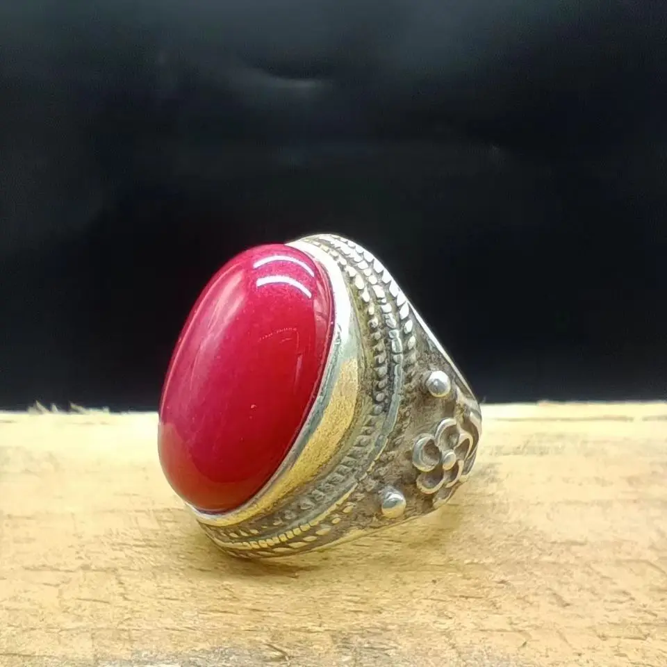 Collection Old China Tibet Silver Handmade Inlay Jade Ring Superb Ornament Gift