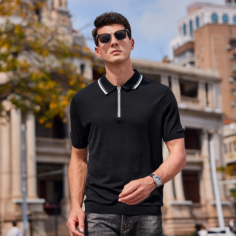 Maglieria da uomo in seta di gelso + cotone 2025 Polo estiva in maglia Lyocell con cerniera Polo da uomo con colletto rovesciato T-shirt in maglia sottile e traspirante