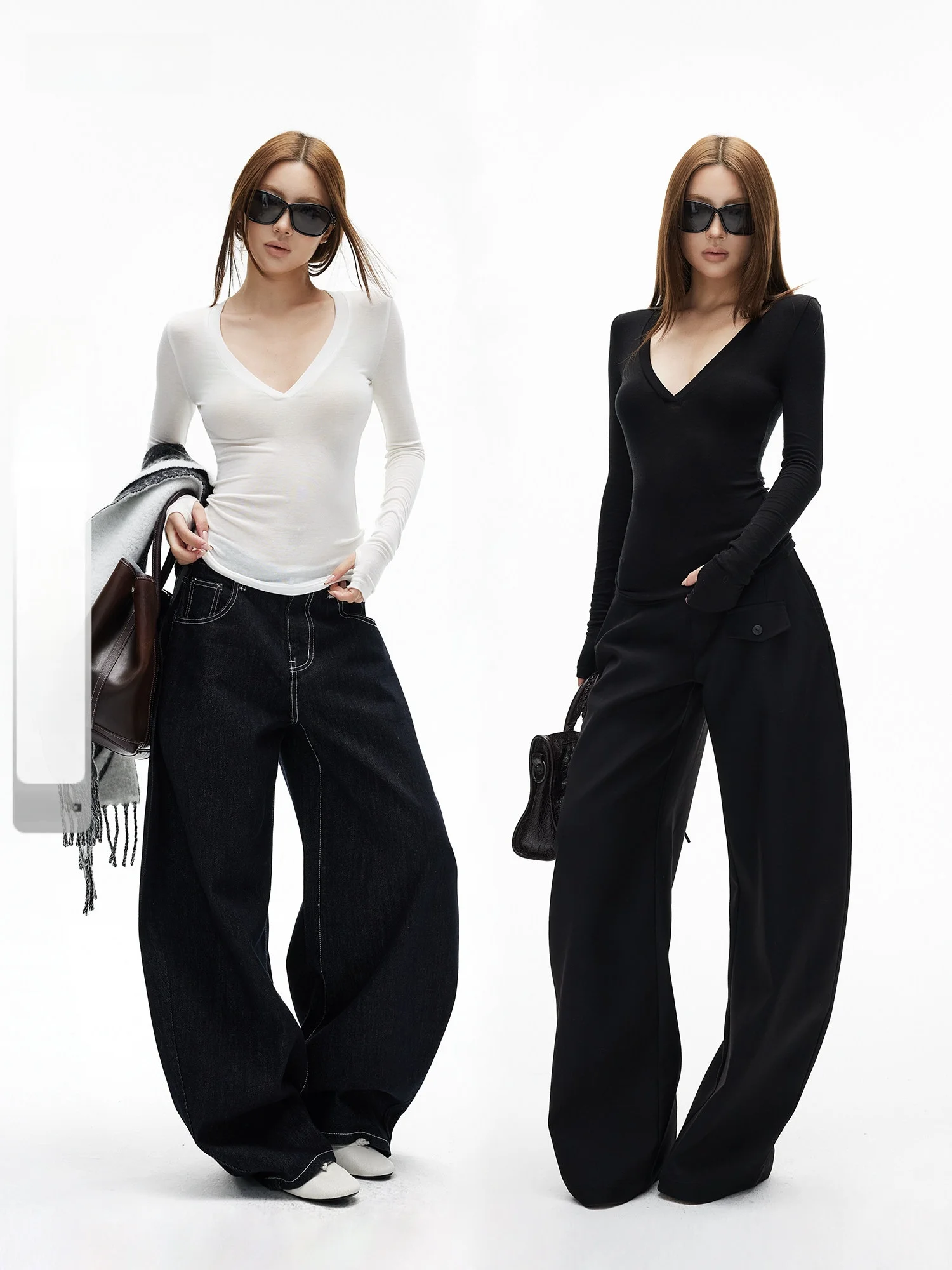 

Iamxiaa Silk Wool Elastic Knitted Deep V Long Sleeve Thumb Hole Slim Fit Basic Black White Double Color Women's Casual Style ...