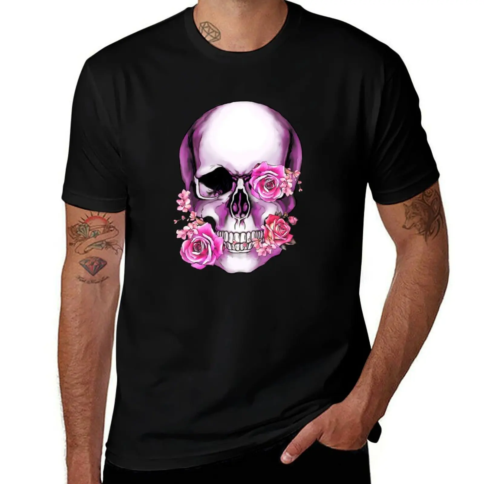 

Human anatomy Skull pink watercolor floral T-Shirt cotton man t-shirts summer 2025 boys whites t shirts for men cotton