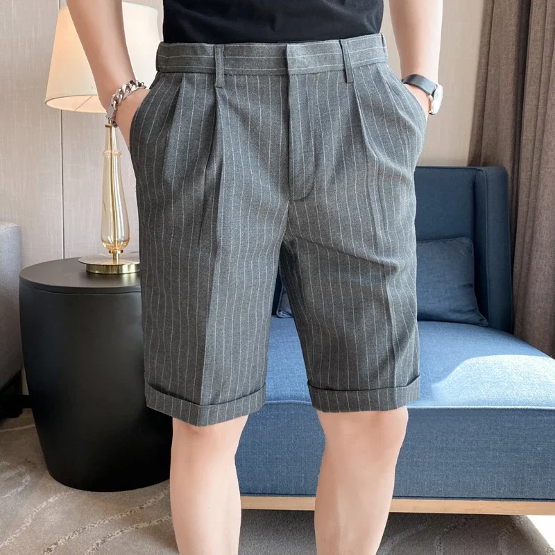 Top Quality Summer Knee Length Striped Shorts Men Clothing Business Formal Wear Slim Fit Casual Straight Short Homme 29-36