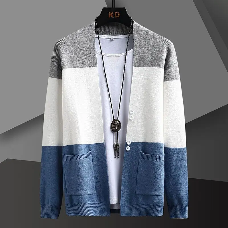 Fashion Knitted Button Spliced Pockets Color Cardigan Sweaters Men's Clothing 2023 Autumn Winter New Oversized Casual Tops