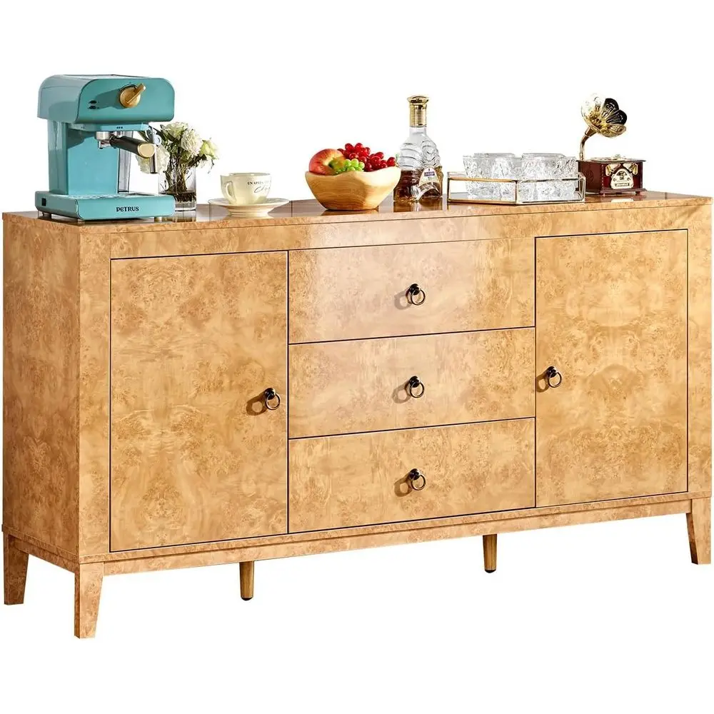 

Large Yellow High Gloss Burl Wood Sideboard with Drawers, Retro Handles, Ideal for Coffee, Wine Bar, Dining & Living Rooms