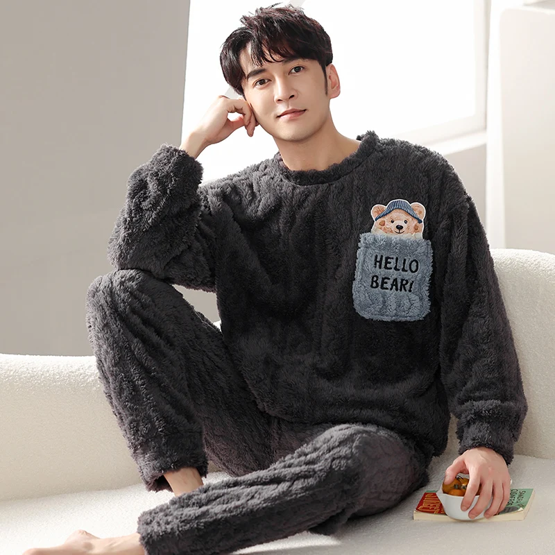 Newest Men Pajamas Set Winter Thick Warm Flannel Pyjama Male Cute Cartoon Sleepwear Casual Pyjama