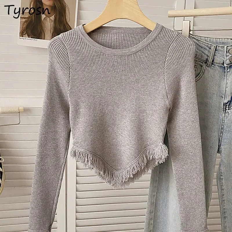 Long Sleeve T-shirts Women Tassel Basic Solid Knitted Tops All-match Slim Korean Trendy Autumn Winter Underlay Sexy Vintage