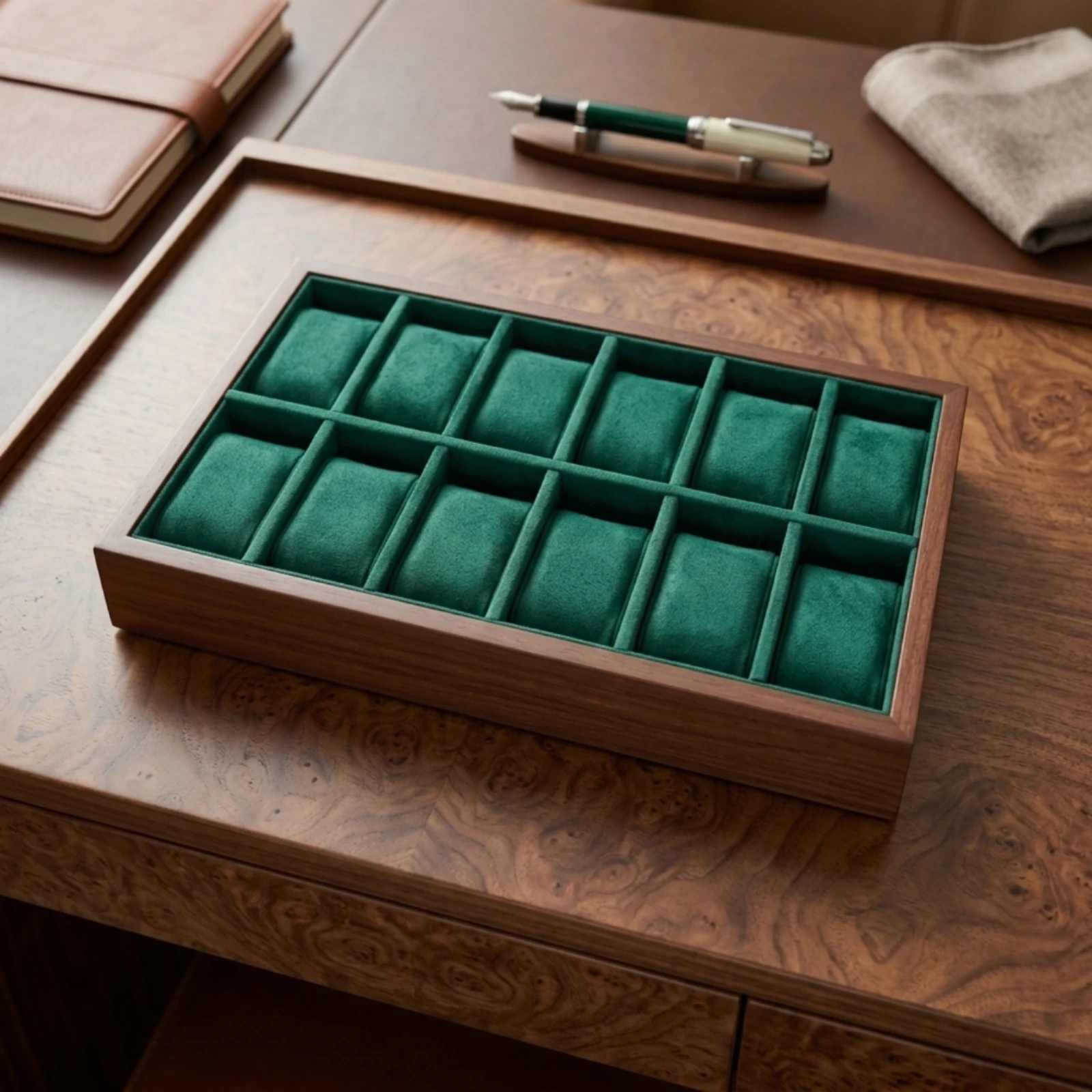 Watch Display Tray 12-Compartment Watch Organizer Tray Slim Padded for Dresser, Drawer