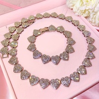 2Pc Gorgeous full Rhinestone Iced out Heart-shaped Necklace bracelet set for young girls Women Men