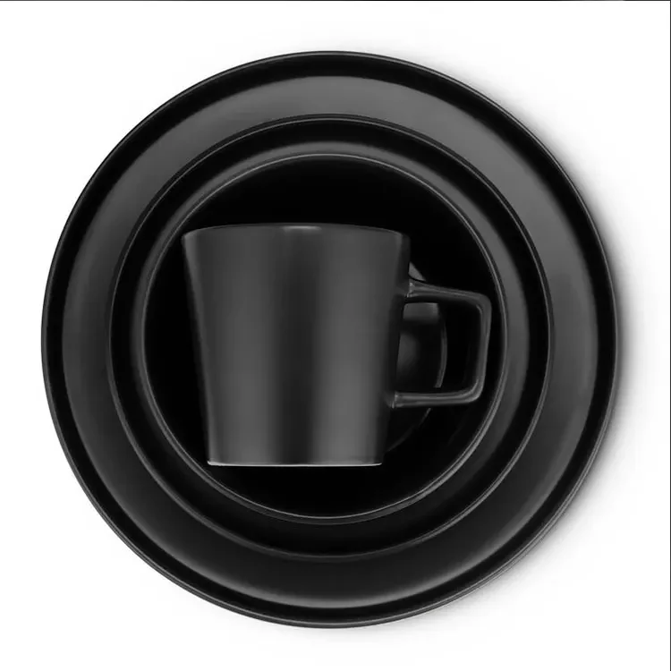 16 Pcs Juego De Vajillas Tableware Custom Design China Factory Rustic Wholesale Price Stonewar Ceram Black Set Dinnerware