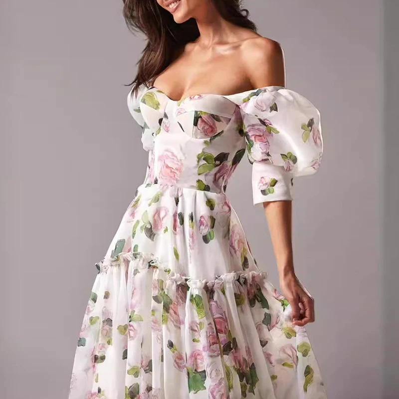 Elegante Off Shoulder Hoge Taille Lange Jurk Nieuwe Prinses Mouw Chiffon Feestjurk Mode Bloemenprint Vrouwen Avondjurken