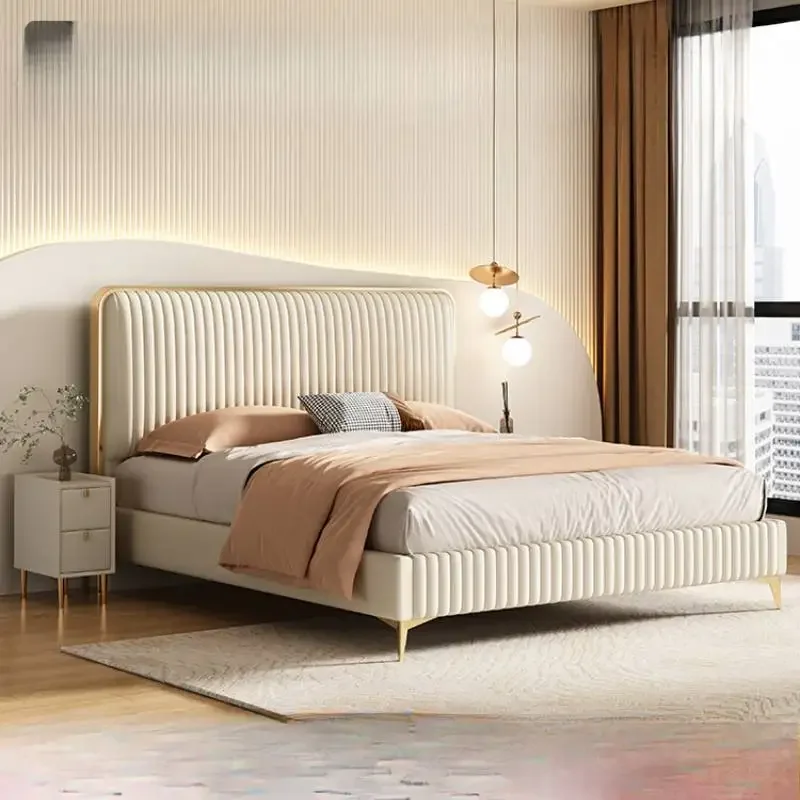 

Tall Headboard Double Bed Platform Queen Nordic Modern Luxury King Bed Frame Nightstands Wood Lit 2 Personnes Furniture Home