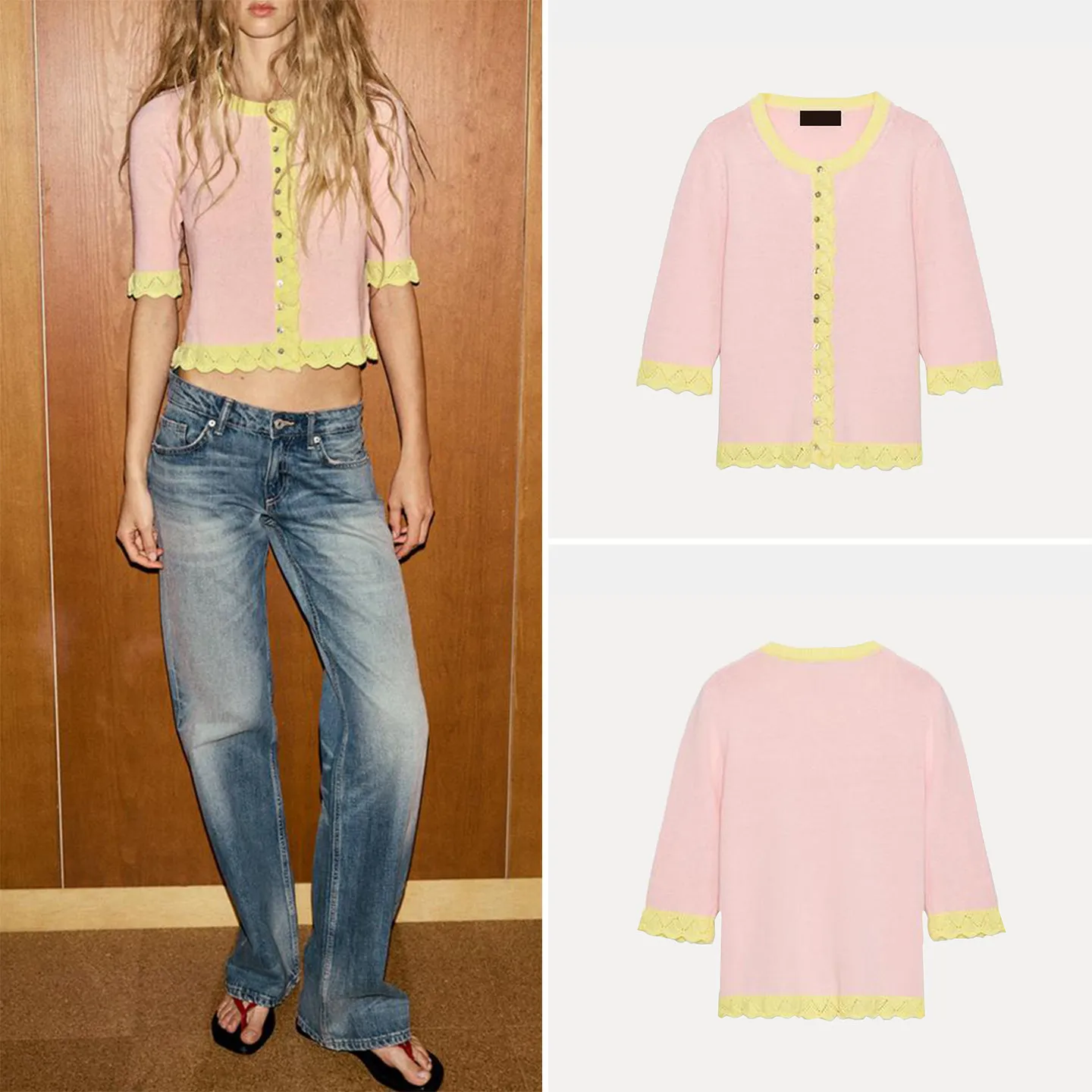 

Women's Commuter Style Hollow out Knitted Short Sleeve round Neck Splicing Jacket Summer 2026 ZADATA Fashion Outerwear