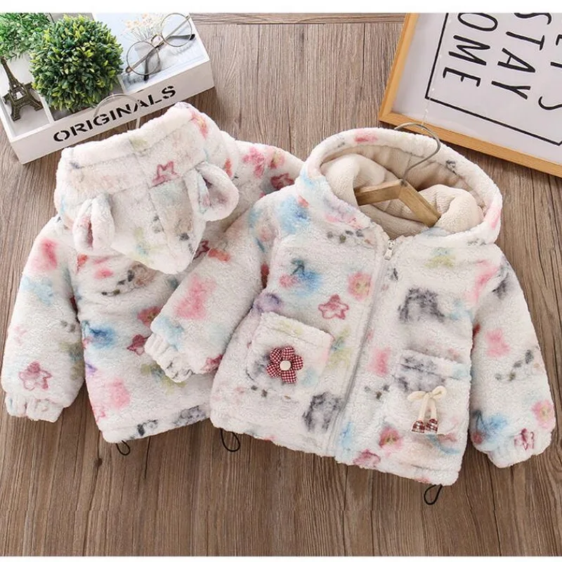 Winter Girls Jacket For Girls Coats Thickened lamb fur Warm Hooded Cotton-Padded Coat Children Printing Outerwear 2-9 Years