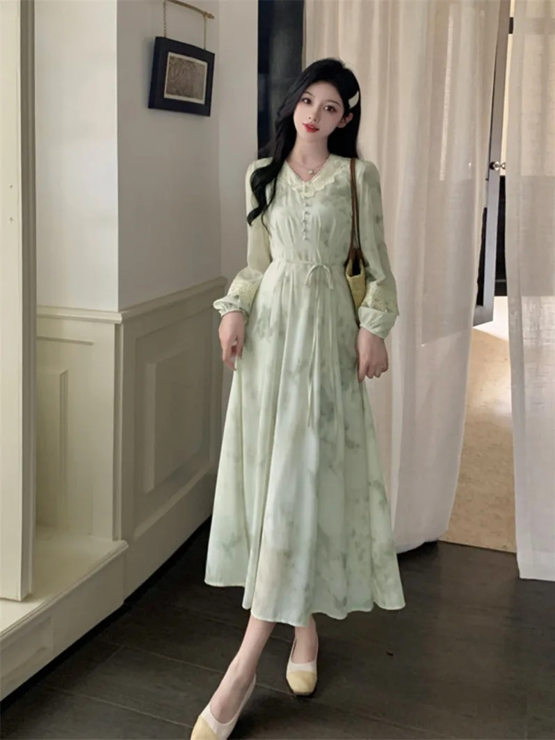 

Commuter Casual Plus Size Super Nice Green Long Sleeve Dress 2024 Autumn Tea Break French Temperament Princess Long Dresses