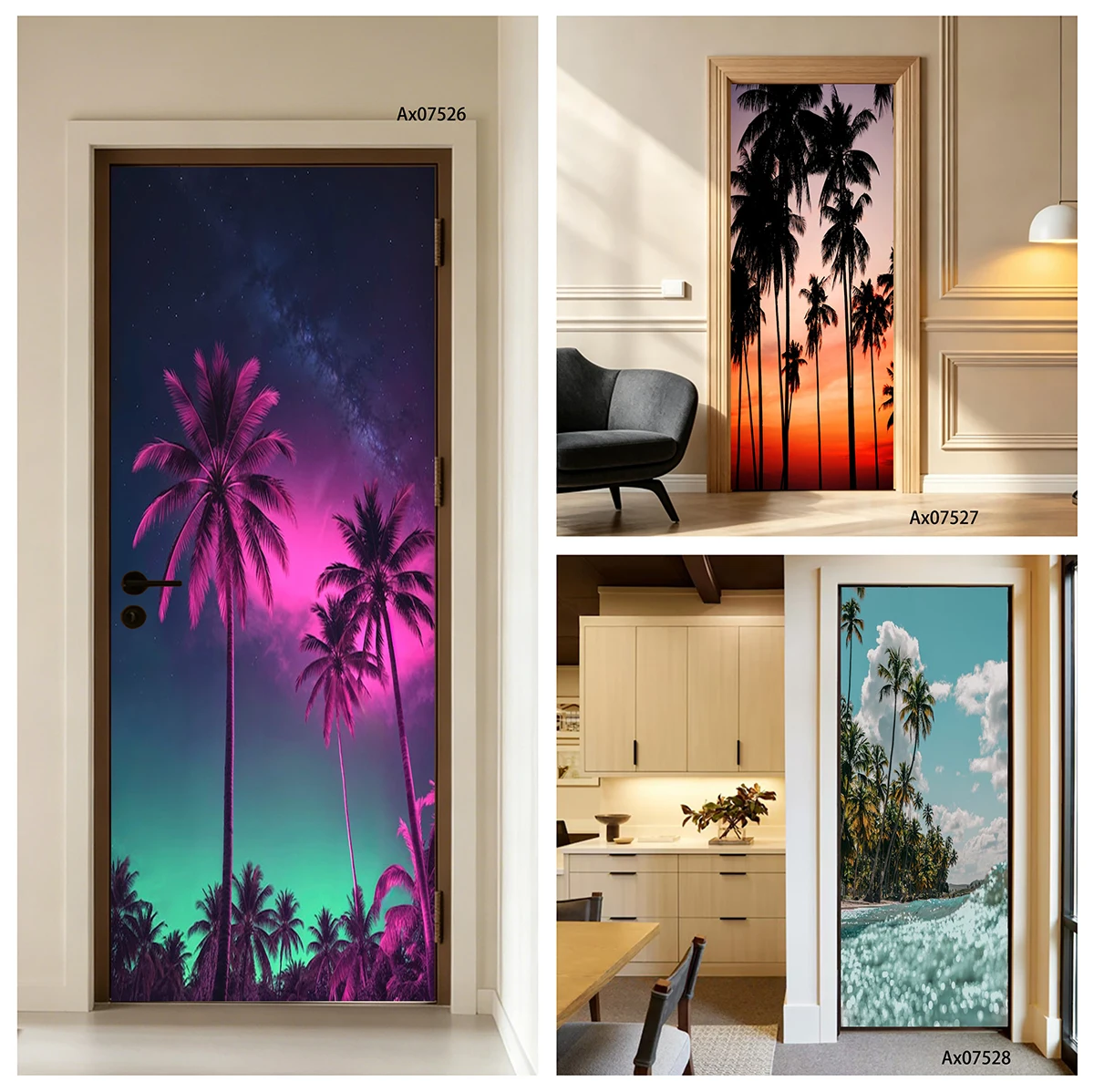 Beach Coconut Palm Door Decal Waterproof Removable Orange Sunset Silhouette Home Interior Entry Door Wall Decor Room Makeover