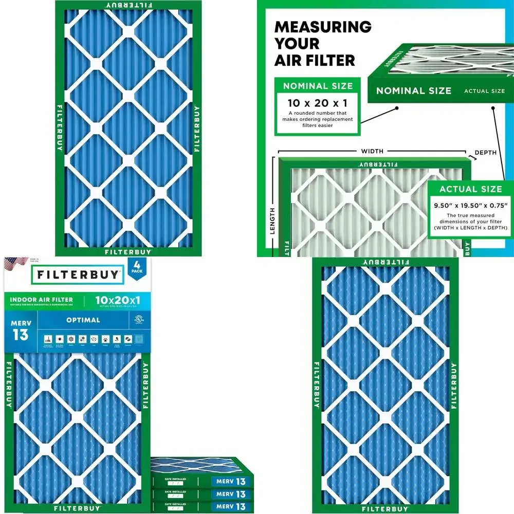 

4-Pack MERV 13 Air Filters for Smoke & Allergy Protection - 9.5x19.5x0.75 Pleated HVAC AC Furnace Replacement Filters
