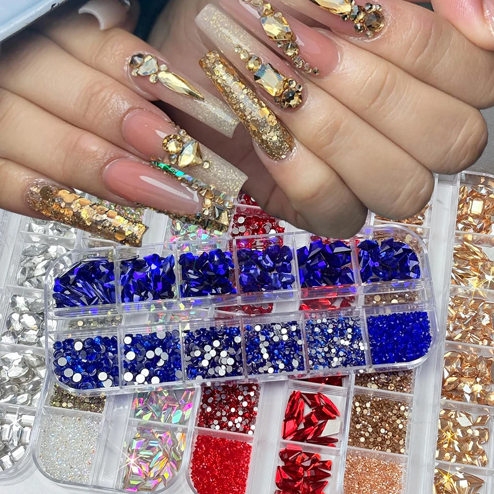 12 Gitter Transparente Rote Rhombus Rechteck Herz Diamant Nagel-Charms Runde Unregelmäßige Glas-Nagelsteine Luxus-Maniküre-Schmuck