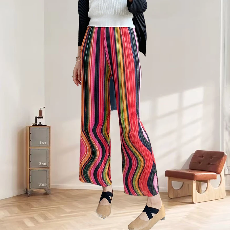 

Miyake Pleated Casual Straight Trousers Fold Female 2025 Spring Summer Design Rainbow Water Wave Striped Pleat Wide Leg Trousers